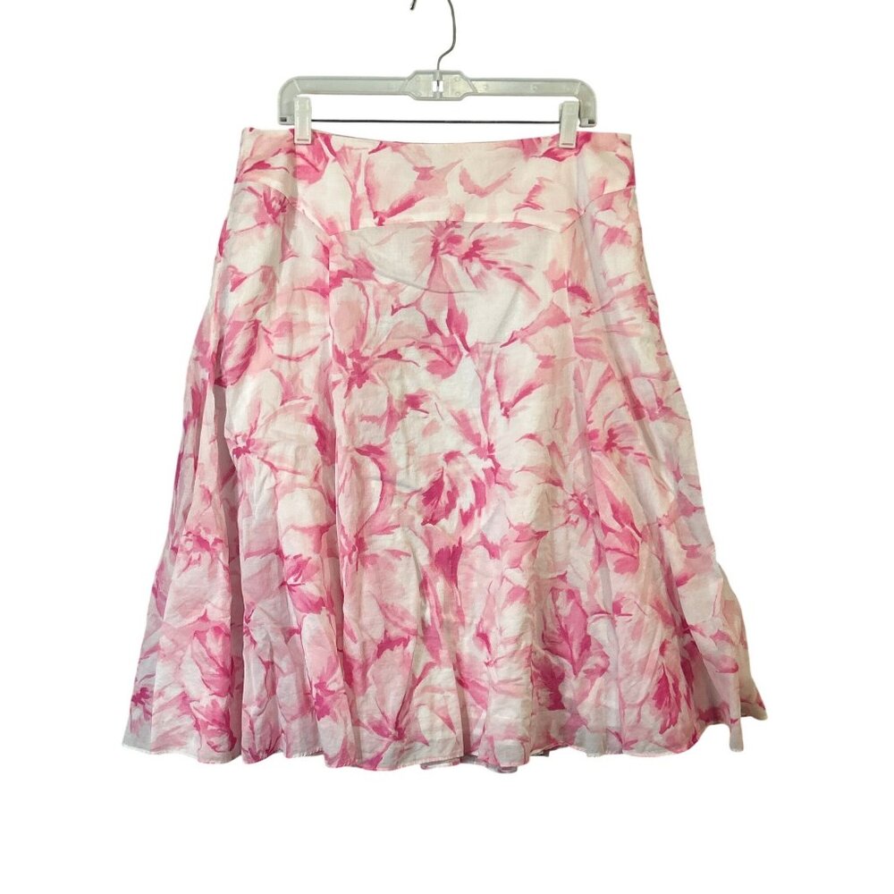 Jones New York Pink & White Floral A-Line Skirt Lined 100% Cotton Flowy Size 14